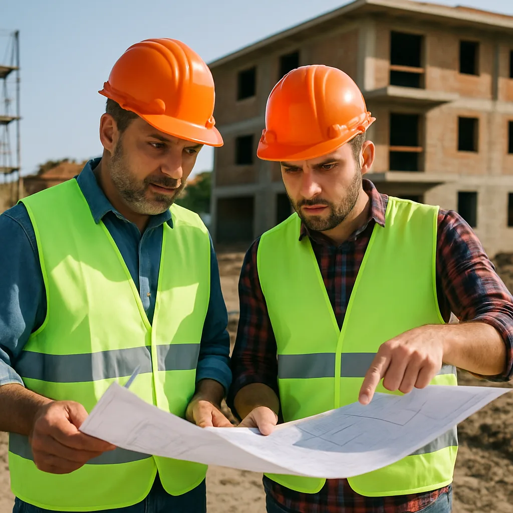 Operai edili che analizzano progetti ad Ardea