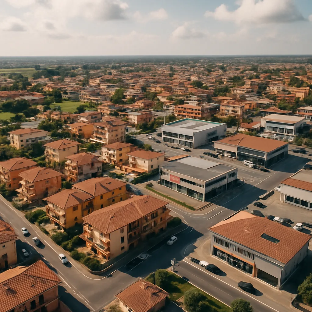 Vista aerea di Ardea con edifici residenziali e commerciali