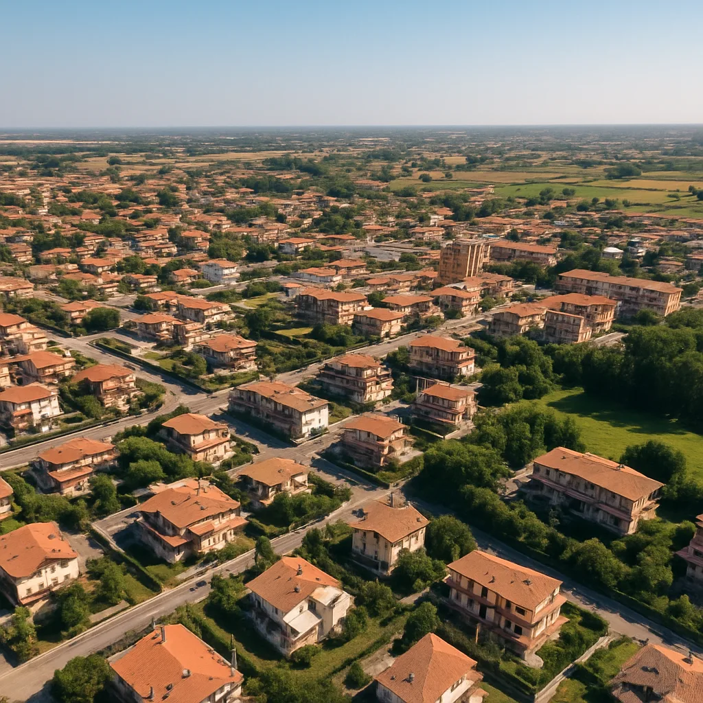 Vista aerea di Tor San Lorenzo ad Ardea con case e spazi verdi.