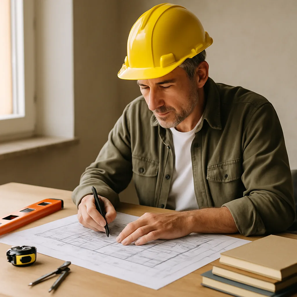 Geometra che esamina piani edilizi ad Ardea, con strumenti e documenti.