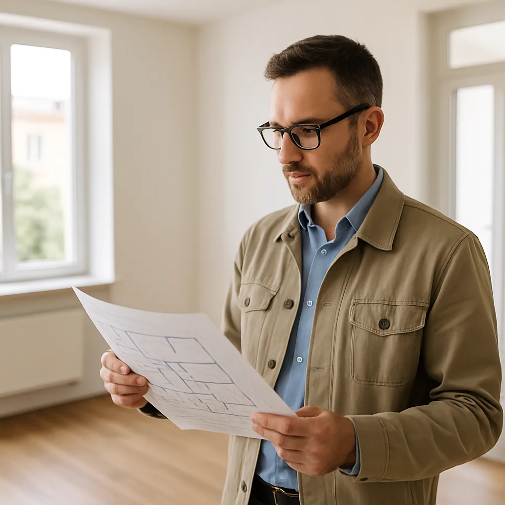 Geometra che esamina documenti catastali.