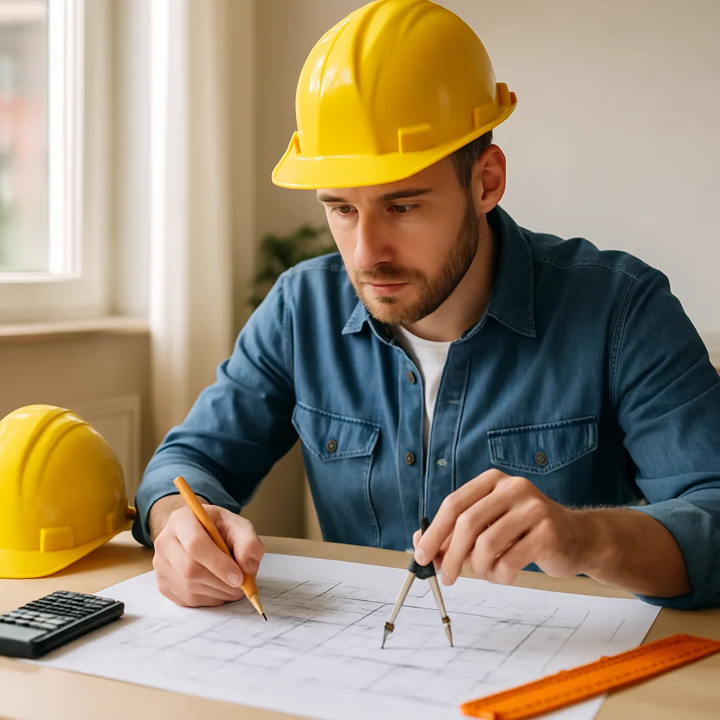 Geometra che analizza documenti catastali.
