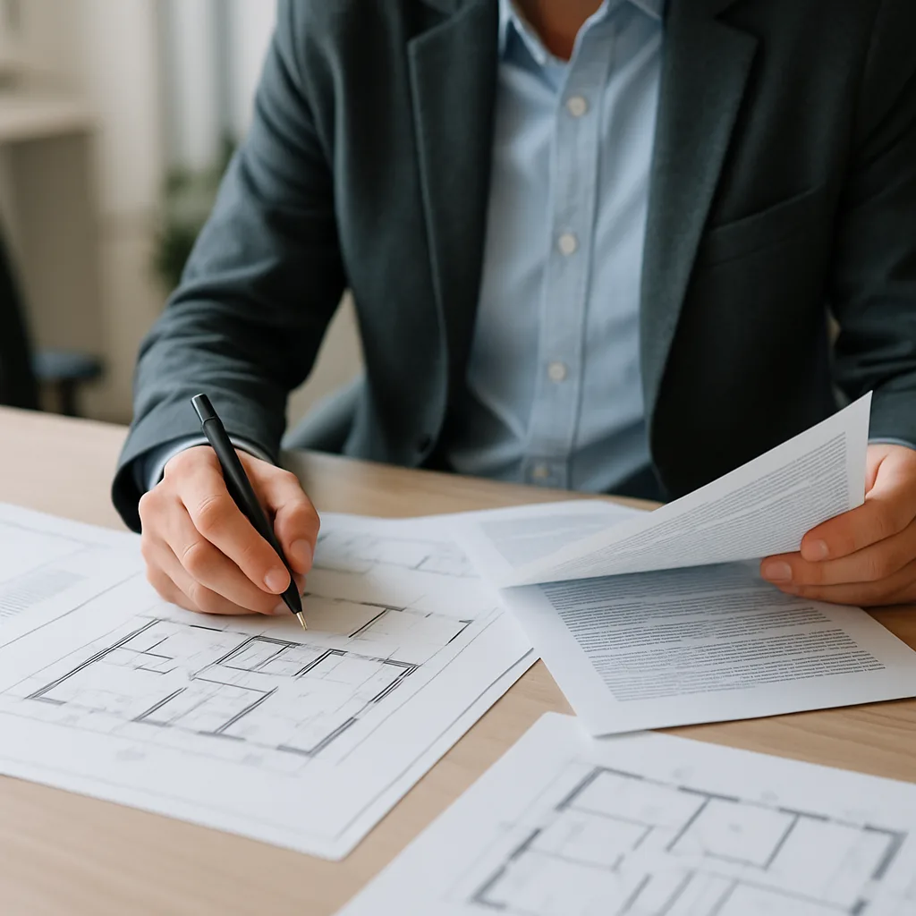 Architetto revisa i documenti edilizi.