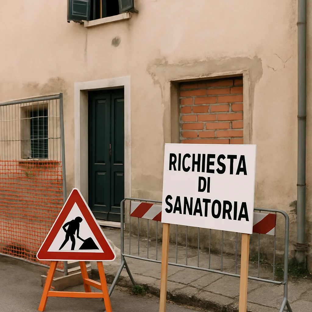 Immobile in fase di sanatoria con cartelli di lavori.
