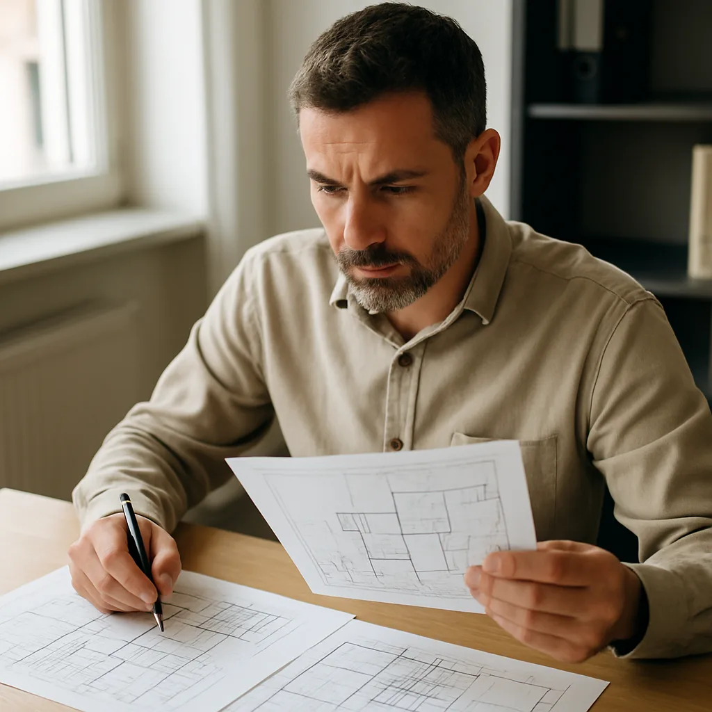 Geometra durante la valutazione di documenti catastali.