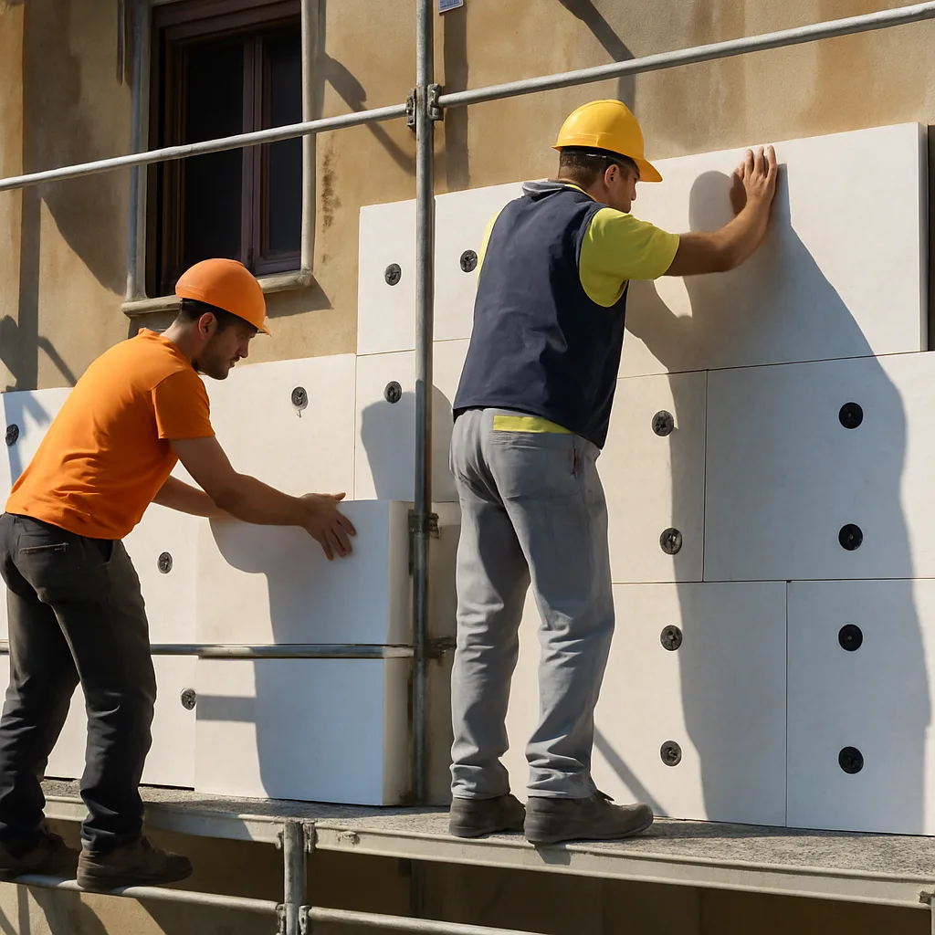 Construction workers insulating a building in Ardea