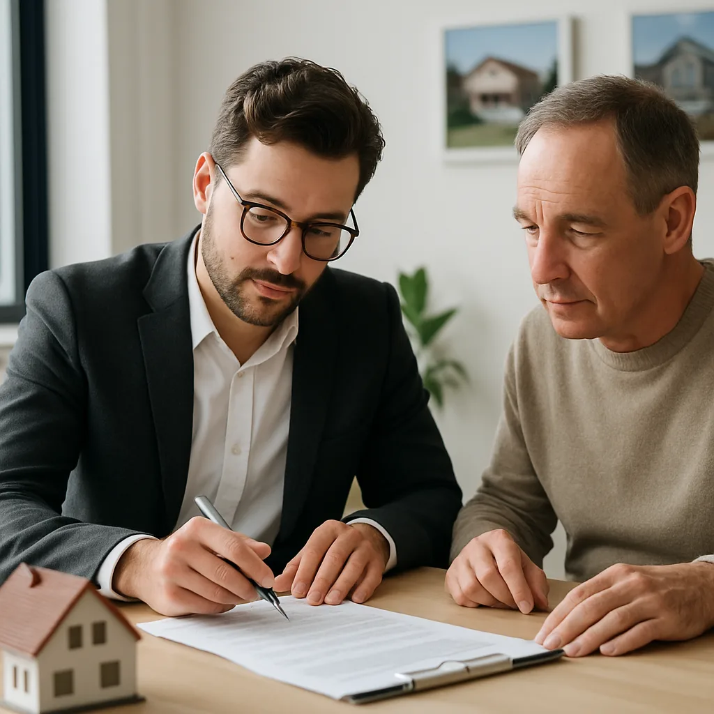 Real estate agent reviewing documents with a client.