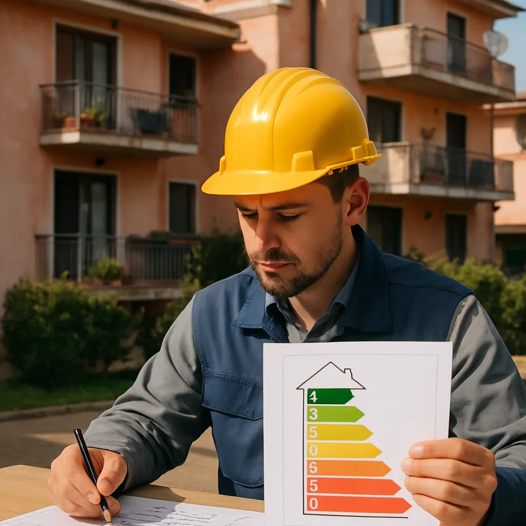 Tecnico che esamina piani di efficienza energetica per un condominio ad Ardea.
